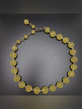 Vintage Frosted Yellow Glass Bead Necklace Large Filigree Caps Statement c1930s